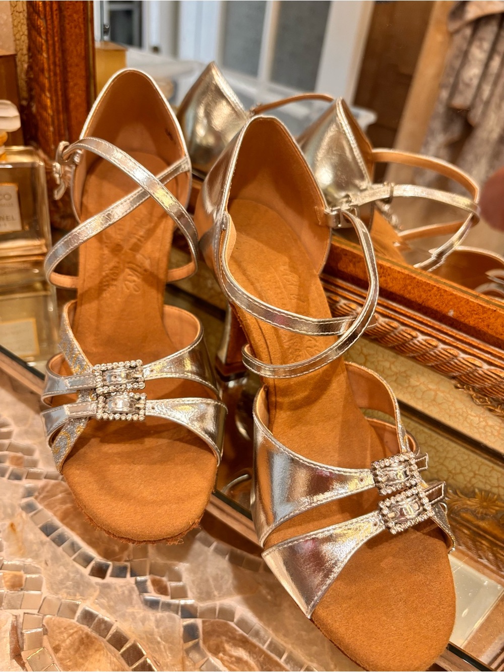 Metallic Silver Strappy Dress Sandals with Decorative Buckle